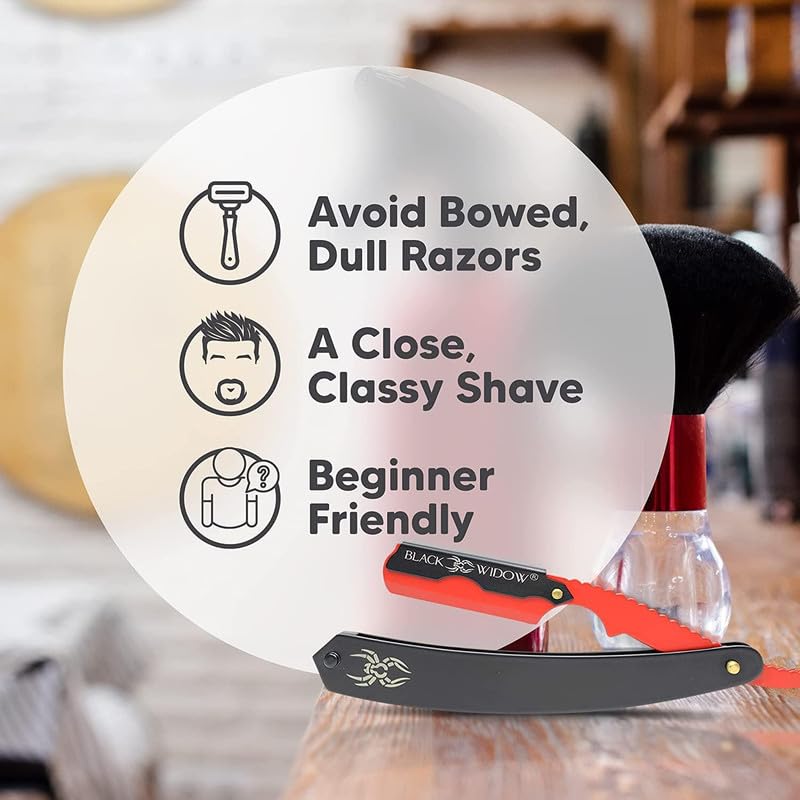 Black Widow Professional Barber Straight Edge Razor â€“ Stainless Steel Shavette, 1.5 mm Blade Exposure, Matte Black & Red, 10 Double Edge Blades (20 Single-Edge) for Lineups & Beard Shaping - Image 5